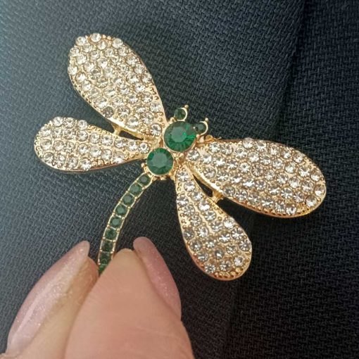 Gold crystal brooch: dragonfly with green stones
