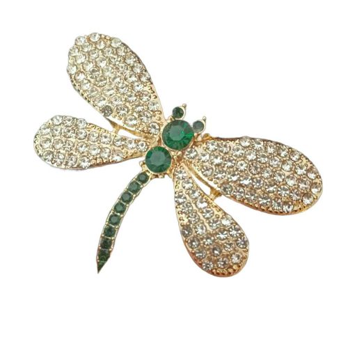 Gold crystal brooch: dragonfly with green stones