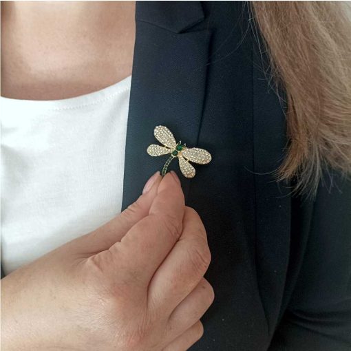Gold crystal brooch: dragonfly with green stones