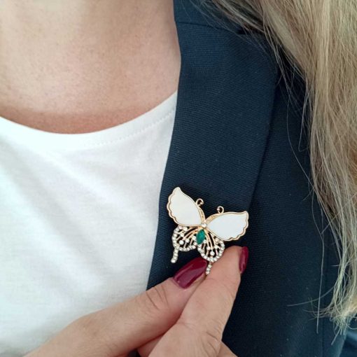 Gold crystal Brooch: Butterfly in white with green stone