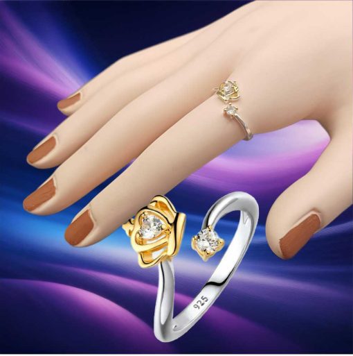 Silver S925 crystal ring gold flower and 2 hearts 13