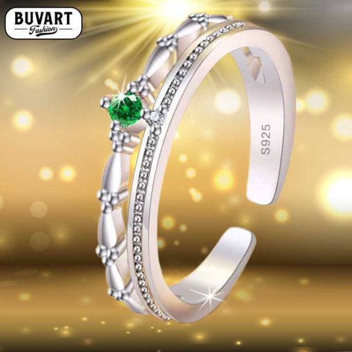 Silver crystal ring with green zircon