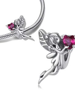 Silver pendant - ring, S925: Fairy with red zircon in hand