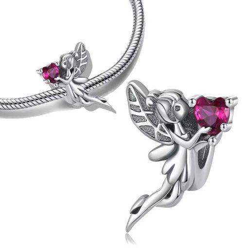Silver pendant - ring, S925: Fairy with red zircon in hand