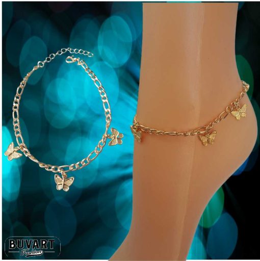 A gold ankle chain with three butterflies