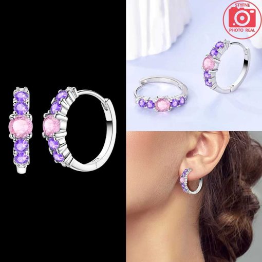 Earring with pink and violet stones.
