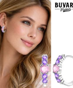 Earring with pink and violet stones.