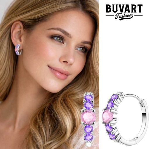 Earring with pink and violet stones.