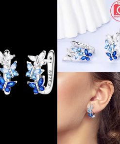 Earring Blue Butterfly Leaf Hoop.