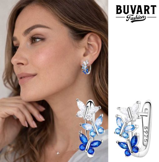 Earring Blue Butterfly Leaf Hoop.