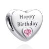 happy birthday charm, birthday charm silver, S925 silver charm, heart charm bead, pink crystal charm,