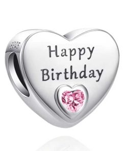 happy birthday charm, birthday charm silver, S925 silver charm, heart charm bead, pink crystal charm,