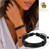 Wide Black Layered Leather Bracelet – 15 mm