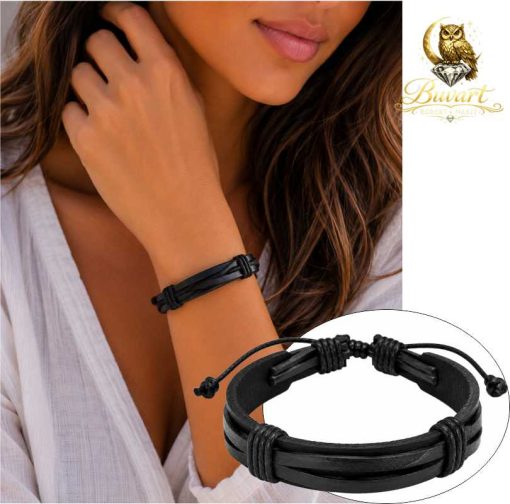 Wide Black Layered Leather Bracelet – 15 mm