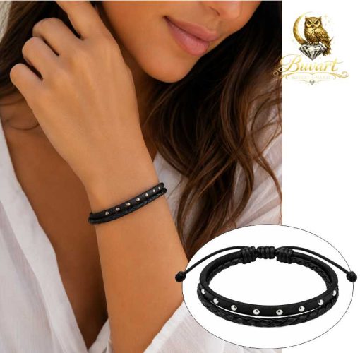 Black Double Leather Bracelet with Silver Studs