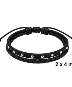 Black Double Leather Bracelet with Silver Studs detailed