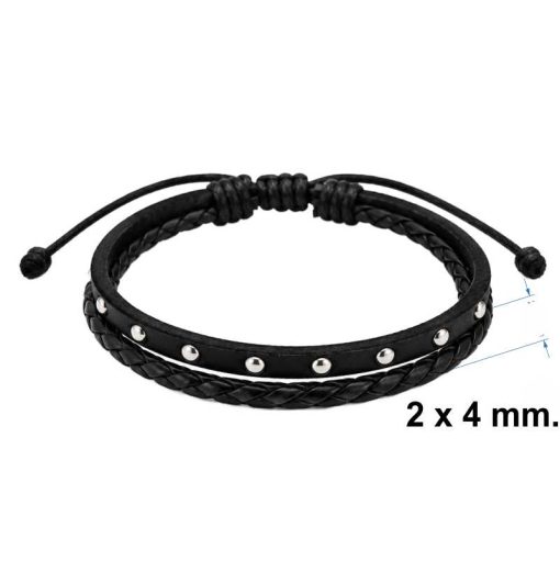 Black Double Leather Bracelet with Silver Studs detailed